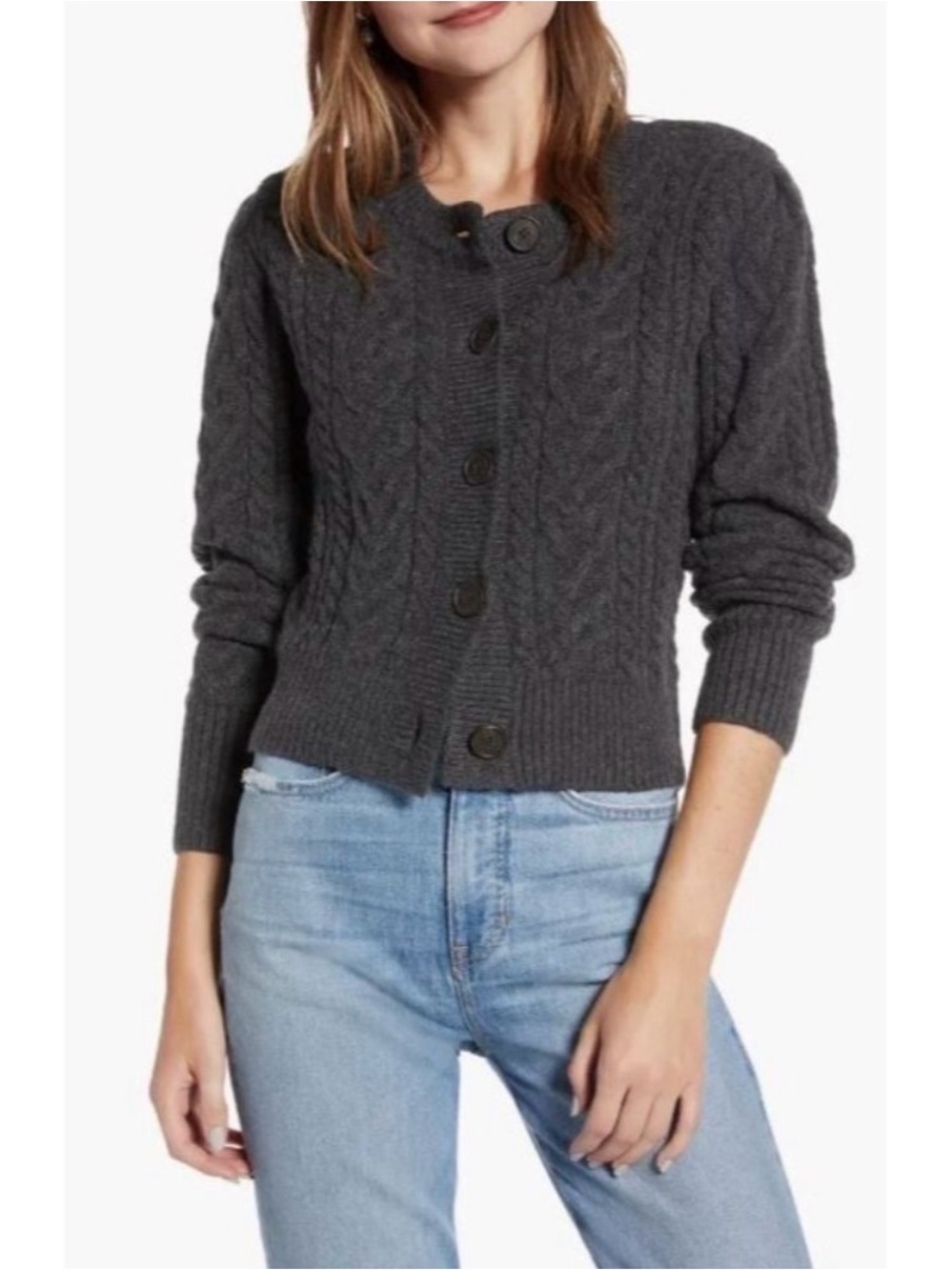 Something Navy Cable Knit Cardigan Charcoal Gray Button-Front Knit Sweater